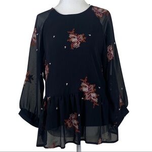 Blue Rain Floral Embroidered Ballon Sleeve Peplum Top Size Small